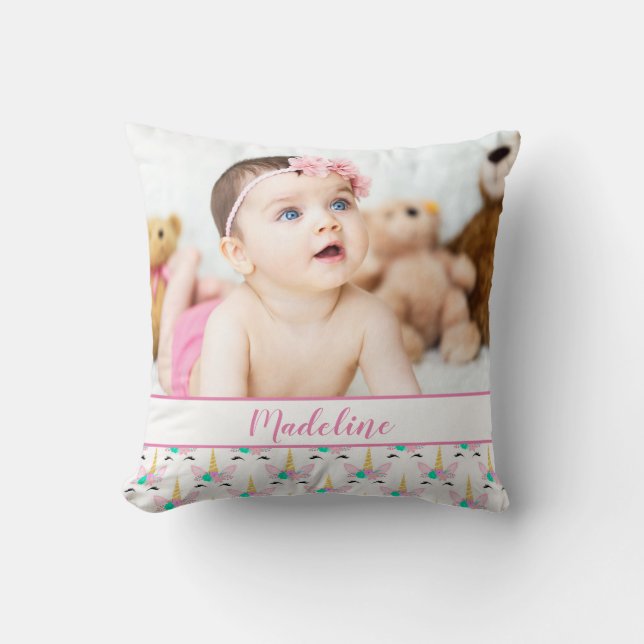 Custom Photo & Name/ Floral Smiling Unicorn Throw Pillow (Front)