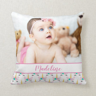 Custom Photo & Name/ Floral Smiling Unicorn Throw Pillow