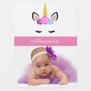 Custom Photo & Name/Floral Unicorn Baby Blanket