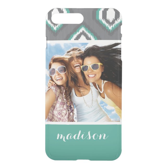 Custom Photo & Name Geometric Retro Ikat Pattern Uncommon iPhone Case (Back)
