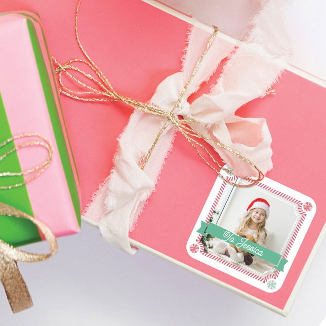 Custom Photo & Name Gift Identifier Candy Cane  Square Sticker (Creator Uploaded)
