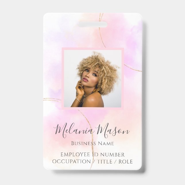 Custom Photo Name Gold Pink Watercolor Staff  Badge (Front)