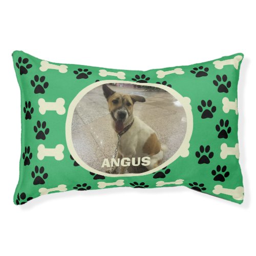 Custom Photo Name Green Paws Bones Indoor Dog Pet Bed