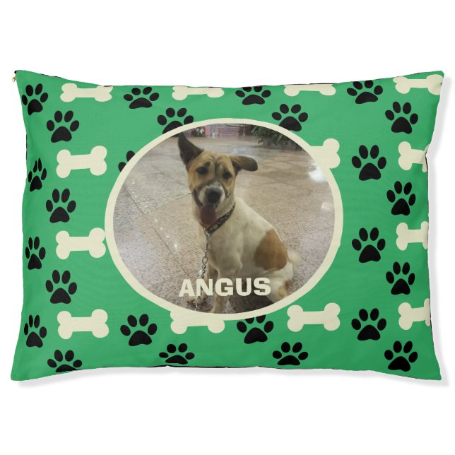 Custom Photo Name Green Paws Bones Outdoor Dog Pet Bed (Front)