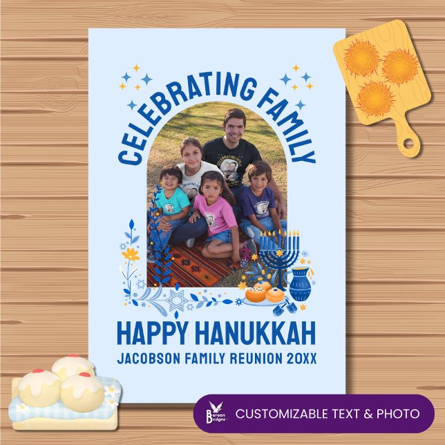 Custom Photo Name HANUKKAH FAMILY REUNION  Kitchen Towel (Souvenir kitchen towel CELEBRATING FAMILY at HANUKKAH. Ideal personalizable gift for family reunions)