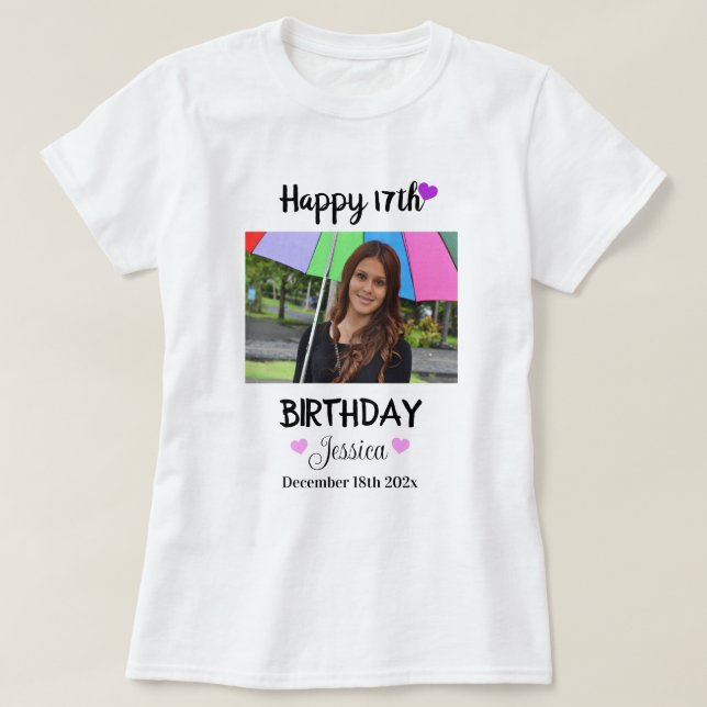 Custom Photo & Name Happy 17th Birthday Womens T-Shirt (Design Front)