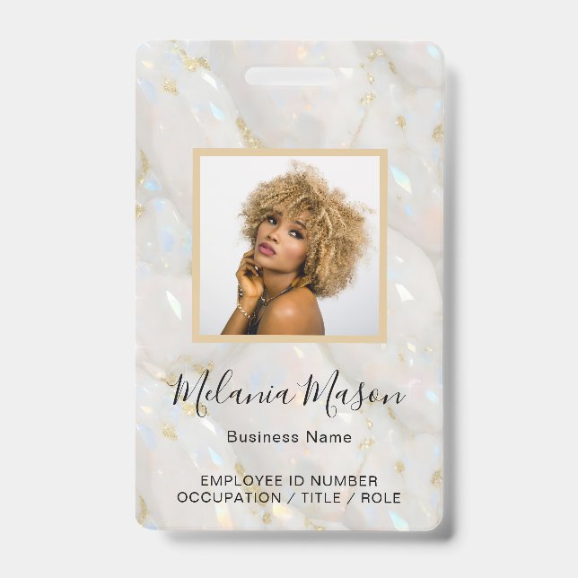 Custom Photo Name Holographic Faux Opal Stone Badge (Front)