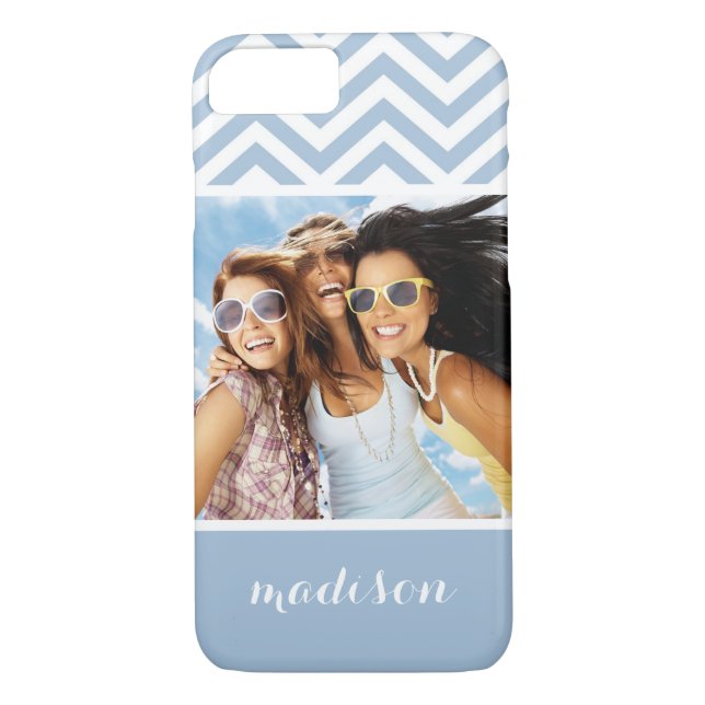 Custom Photo & Name Light Blue Chevron Case-Mate iPhone Case (Back)
