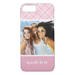 Custom Photo &amp; Name Light Pink Plaid iPhone 8/7 Case
