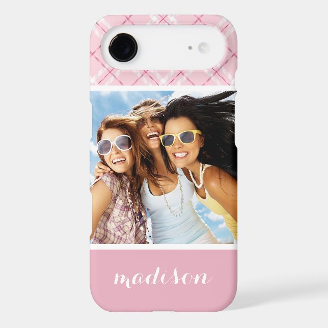 Custom Photo & Name Light Pink Plaid Case-Mate iPhone Case (Back)