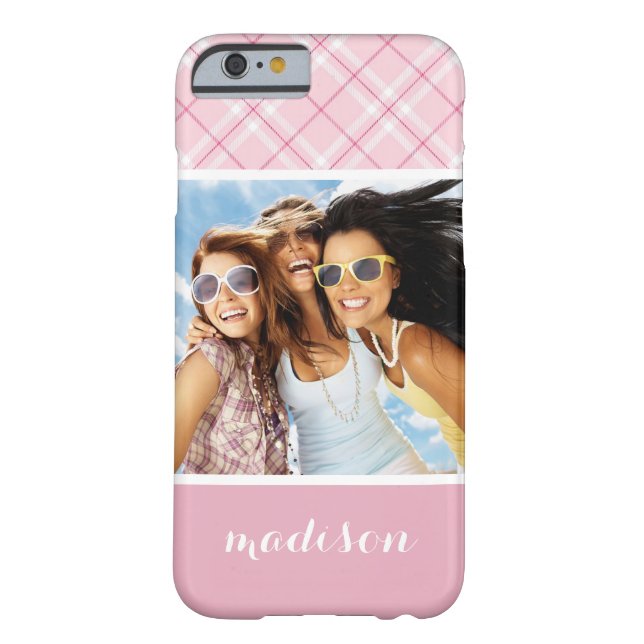Custom Photo & Name Light Pink Plaid Case-Mate iPhone Case (Back)