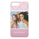 Custom Photo &amp; Name Light Pink Plaid iPhone 8 Plus/7 Plus Case