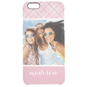 Custom Photo & Name Light Pink Plaid Clear iPhone 6 Plus Case