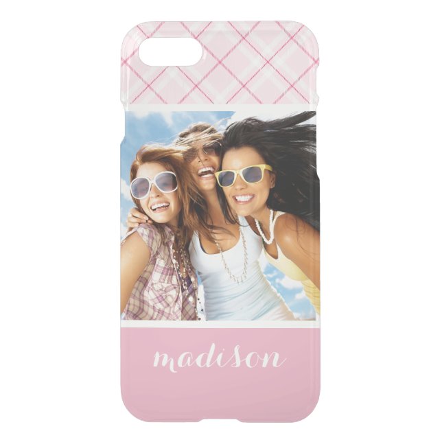Custom Photo & Name Light Pink Plaid Uncommon iPhone Case (Back)