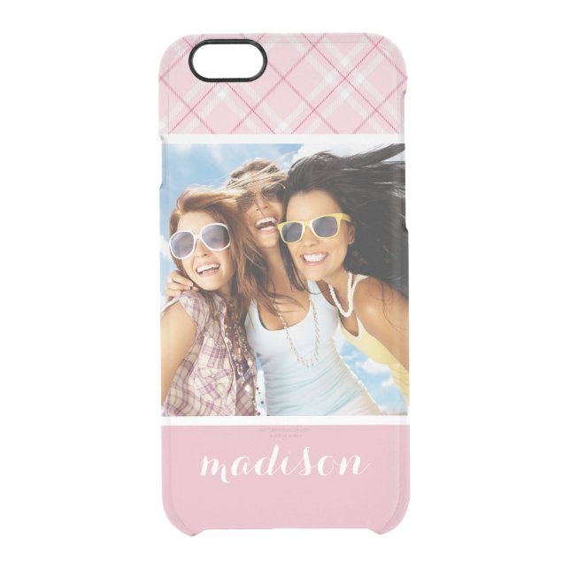 Custom Photo & Name Light Pink Plaid Uncommon iPhone Case (Back)