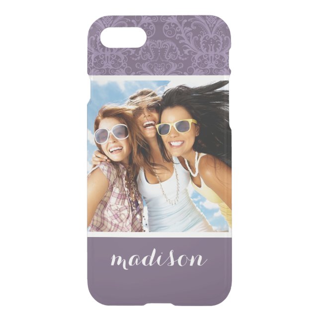 Custom Photo & Name Luxury Purple Wallpaper Uncommon iPhone Case (Back)