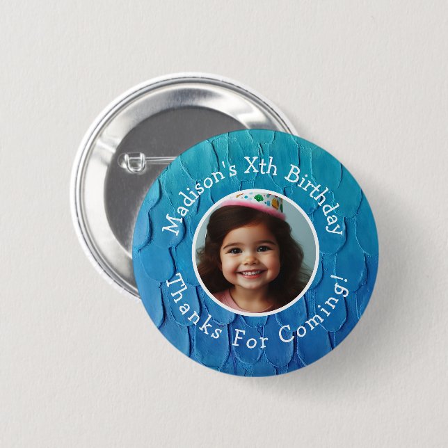 Custom Photo Name Mermaid Theme Birthday Thank You Button (Front & Back)