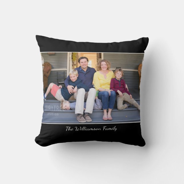 Custom Photo Name Modern Black Border Throw Pillow (Front)