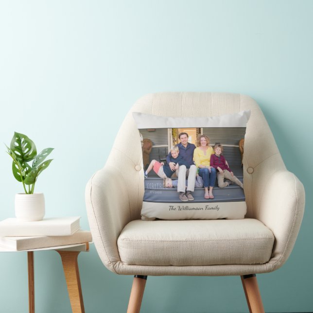 Custom Photo Name Modern Light Grey Border Throw Pillow (Chair)