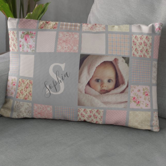 Custom Photo Name Monogram Pink Patchwork Accent Pillow (Creator Uploaded)