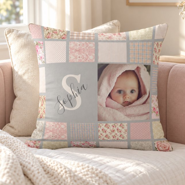 Custom Photo Name Monogram Pink Patchwork Throw Pillow (Creator Uploaded)