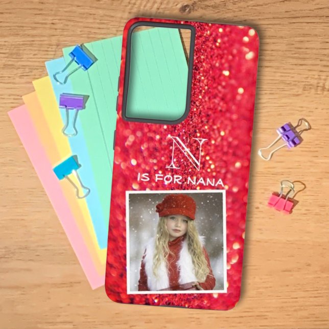 Custom Photo Name Monogram Red Glitter Samsung Galaxy Case (This phone case offers a custom photo and text to make a personalized gift for a special person. )