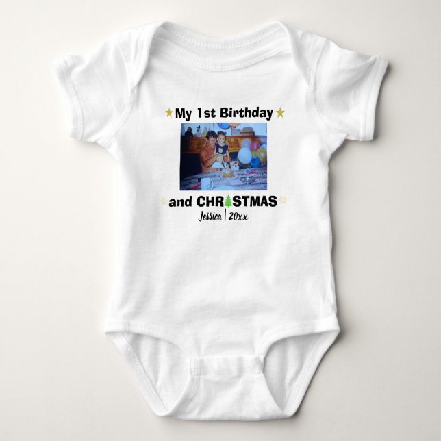 Custom Photo & Name My 1st Birthday and Christmas Baby Bodysuit (Front)