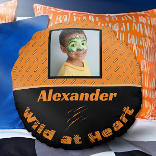 Custom Photo Name Orange Black Personalized Tiger  Round Pillow