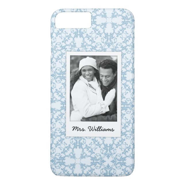 Custom Photo & Name Pale Blue Damask Case-Mate iPhone Case (Back)