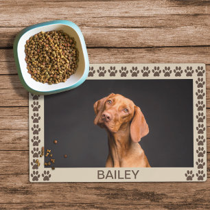 Custom Photo & Name Paw Print Tan Pet Food Mat