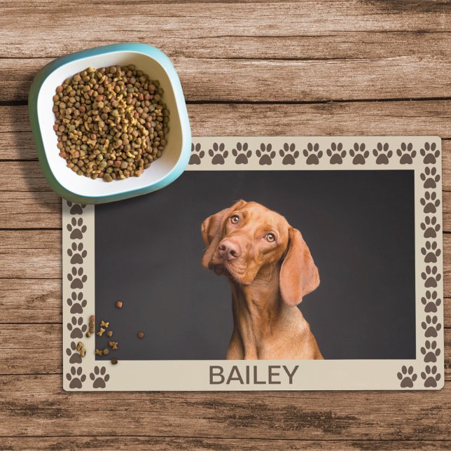 Custom Photo & Name Paw Print Tan Pet Food Mat (Creator Uploaded)