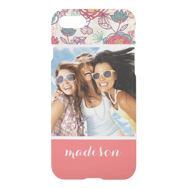 Custom Photo & Name Peony and leaves pattern Uncommon iPhone Case (Back)