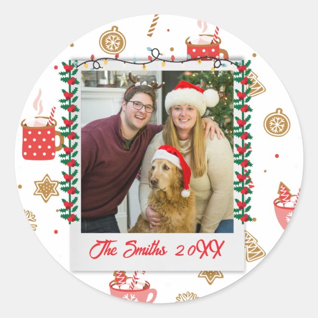 Custom Photo & Name Personalized Merry Christmas  Classic Round Sticker (Front)