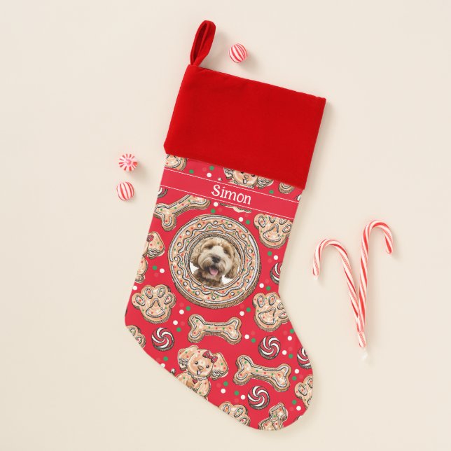Custom Photo & Name Pet Dog Gingerbread Cookies Christmas Stocking (Front)