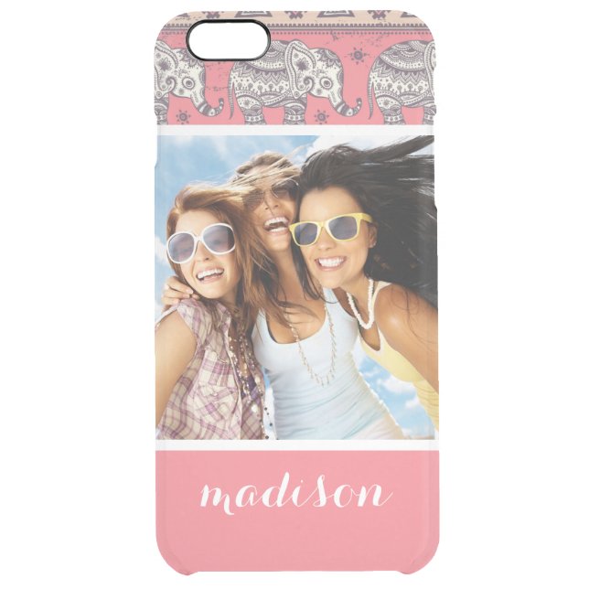 Custom Photo & Name Pink Ethnic Elephant Pattern Uncommon iPhone Case (Back)
