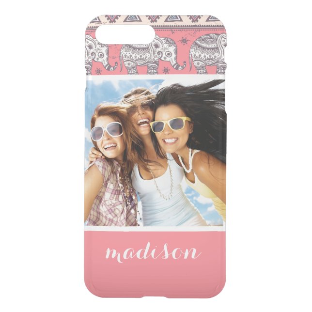 Custom Photo & Name Pink Ethnic Elephant Pattern Uncommon iPhone Case (Back)