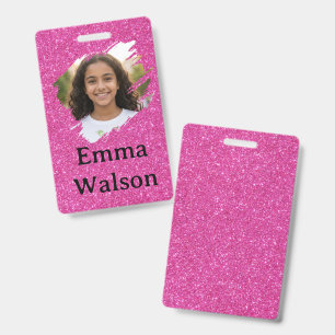 Custom Photo & Name Pink Glitter Sparkle Student I Badge