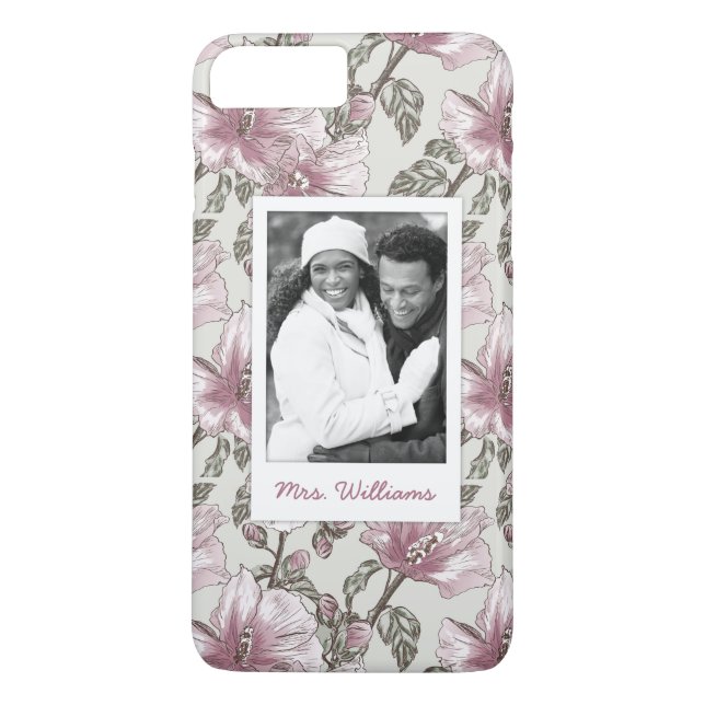 Custom Photo & Name Pink Hibiscus Flowers Pattern Case-Mate iPhone Case (Back)