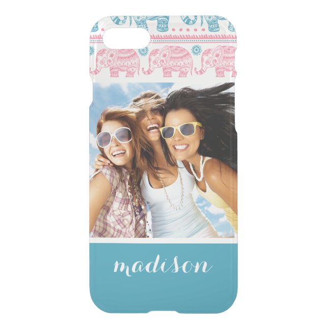 Custom Photo & Name Pink & Teal Elephant Pattern Uncommon iPhone Case (Back)