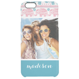 Custom Photo & Name Pink & Teal Elephant Pattern Clear iPhone 6 Plus Case
