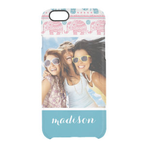 Custom Photo & Name Pink & Teal Elephant Pattern Clear iPhone 6/6S Case