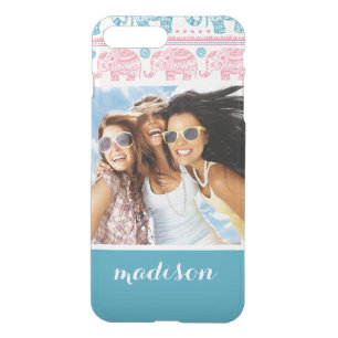 Custom Photo & Name Pink & Teal Elephant Pattern iPhone 8 Plus/7 Plus Case