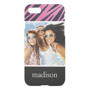 Custom Photo & Name Pink Zebra Stripe Background iPhone SE/8/7 Case