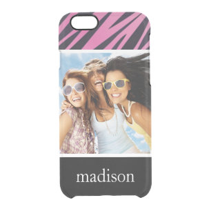 Custom Photo & Name Pink Zebra Stripe Background Clear iPhone 6/6S Case