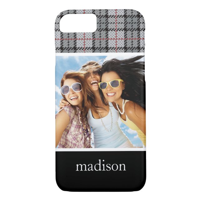 Custom Photo & Name Pixel Plaid in Grey & Red Case-Mate iPhone Case (Back)
