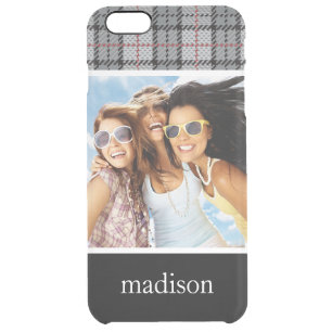 Custom Photo & Name Pixel Plaid in Grey & Red Clear iPhone 6 Plus Case