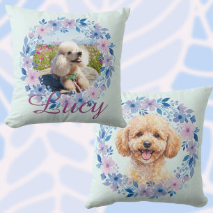Custom Photo Name Poodle Floral Wreath Pastel Throw Pillow