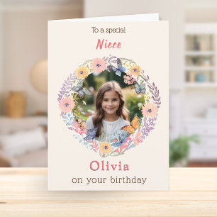 Custom Photo Name Pretty Flowers Niece Birthday Card