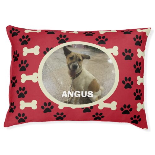 Custom Photo Name Red Black Paws Bones Indoor Dog Pet Bed