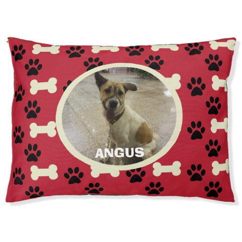 Custom Photo Name Red Black Paws Bones Outdoor Dog Pet Bed